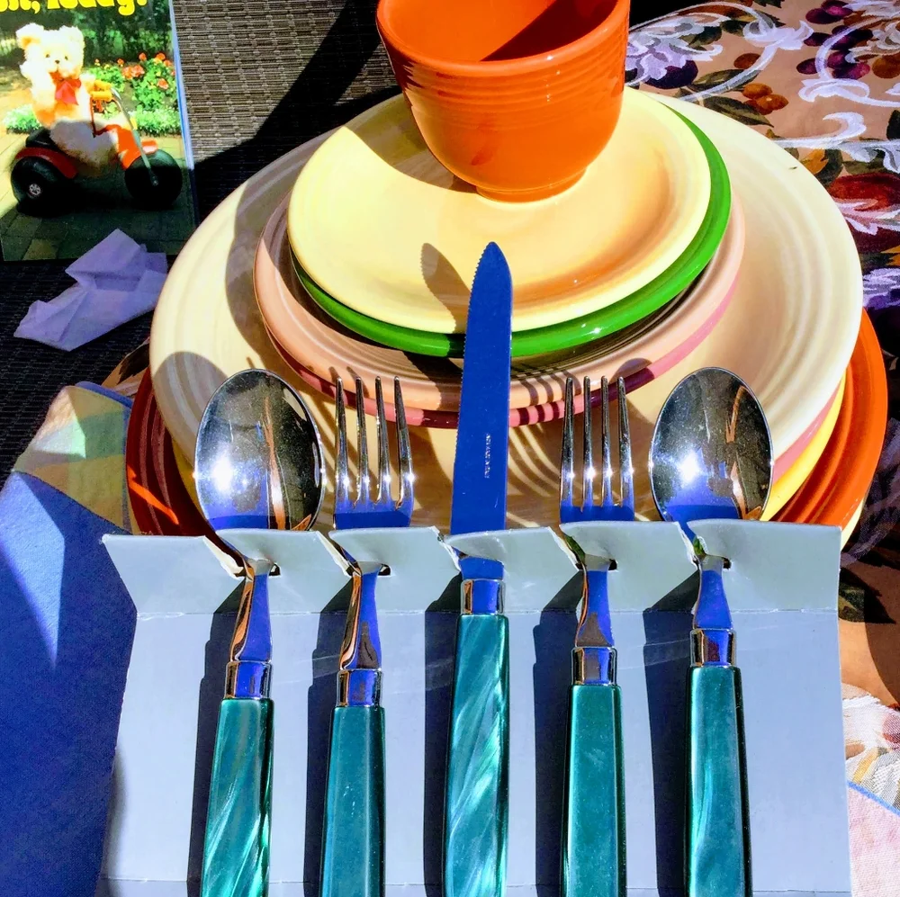 🇮🇹  Italian Designed Silverware Emerald Tortoiseshell 19 Piece Set DEADSTOCK